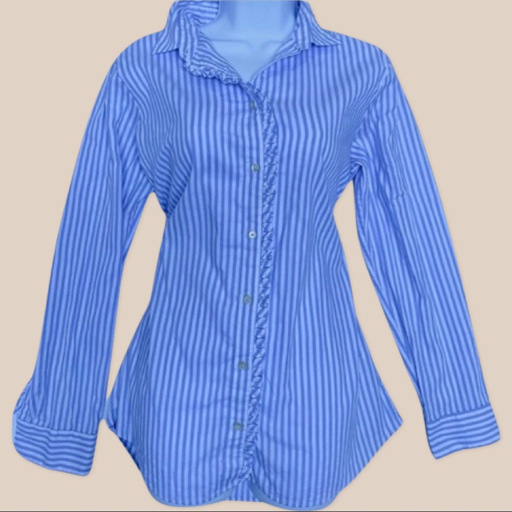 Banana Republic Button Down Striped Blouse with Tunic length and Ruffle details